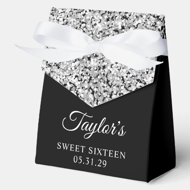 Silver Glitter and Black Sweet Sixteen Favor Box (Front)