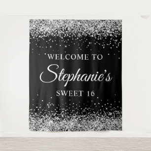 Silver Glitter and Black Welcome to Sweet 16 Tapestry