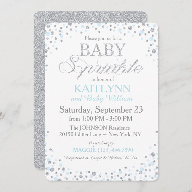 Silver Glitter and Blue Sprinkle Baby Shower Invitation (Front/Back)