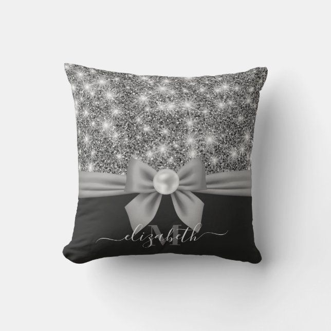 Silver Glitter and Bow Throw Pillow (Front)