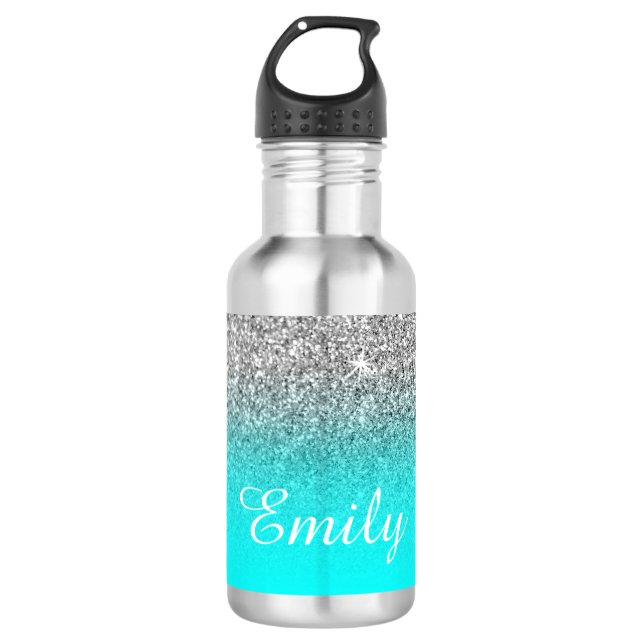 Silver Glitter and Bright Aqua Ombre 532 Ml Water Bottle (Front)