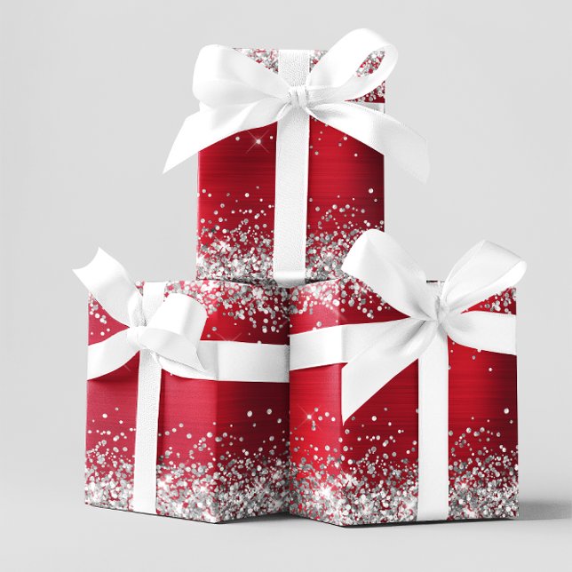 Silver Glitter and Bright Red Ombre Foil Wrapping Paper Sheet (Red and Silver Glitter Gift Wrap)