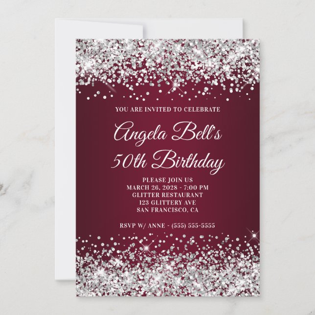 Silver Glitter and Burgundy Gradient 50th Birthday Invitation (Front)
