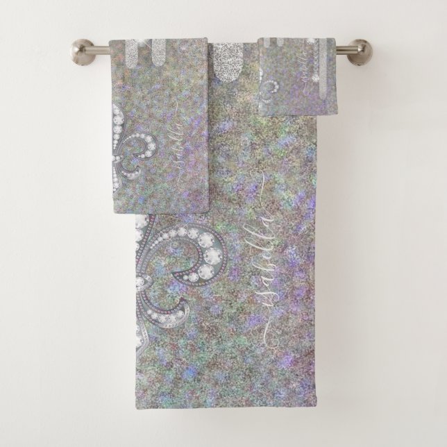 Silver Glitter And Diamonds On  Rainbow Glitter Bath Towel Set (Insitu)