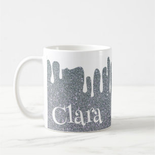 Silver Glitter and Dripping White Personalized Coffee Mug