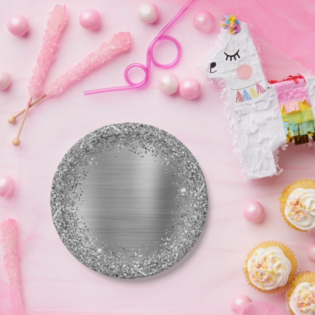 Silver Glitter and Foil Girly Glam Paper Plate (Party)