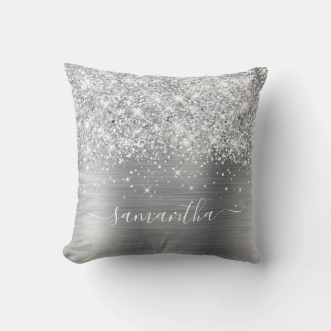 Silver Glitter and Foil Girly Signature Throw Pillow (Front)