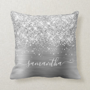 Silver Glitter and Foil Girly Signature Throw Pillow