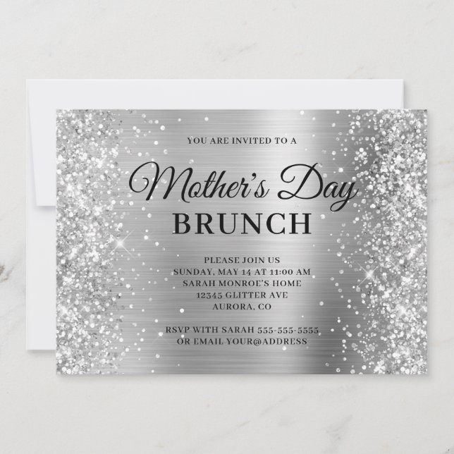 Silver Glitter and Foil Mother's Day Brunch Invitation (Front)
