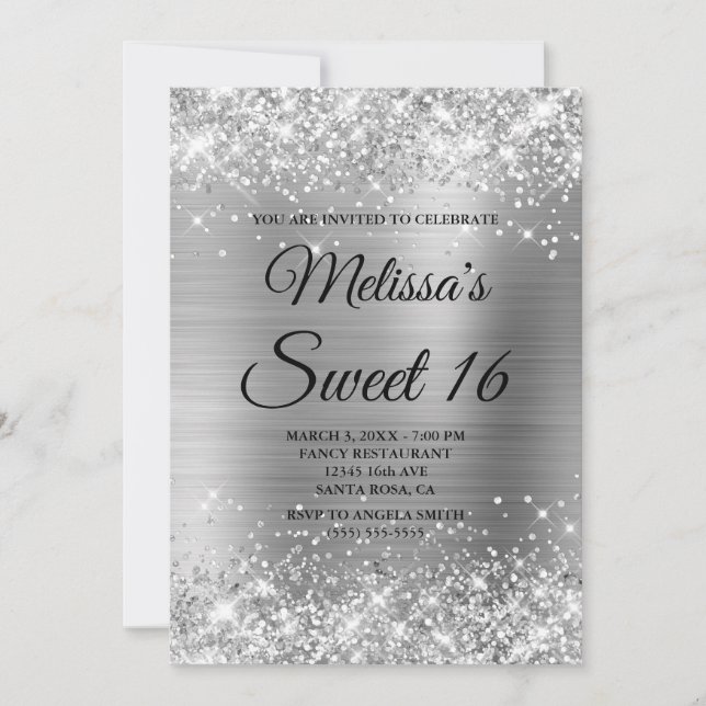 Silver Glitter and Foil Sweet 16 Fancy Monogram Invitation (Front)