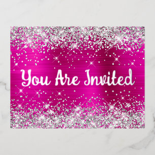 Silver Glitter and Hot Pink Glam 30th Birthday Foil Invitation Postcard