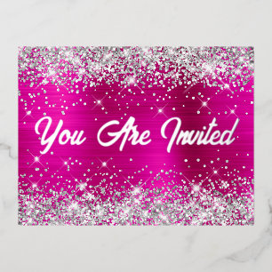 Silver Glitter and Hot Pink Glam 60th Birthday Foil Invitation Postcard
