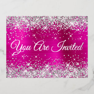 Silver Glitter and Hot Pink Glam Quinceañera Foil Invitation Postcard
