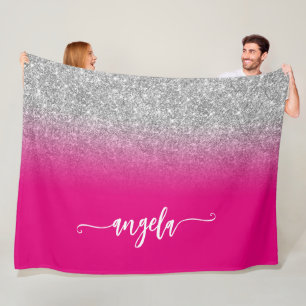 Silver Glitter and Hot Pink Ombre Personalized Fleece Blanket
