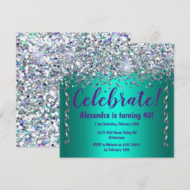 Silver Glitter and Metallic Teal 40th Birthday Invitation (Front/Back)