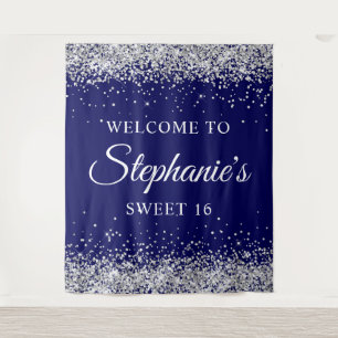 Silver Glitter and Navy Blue Welcome to Sweet 16 Tapestry