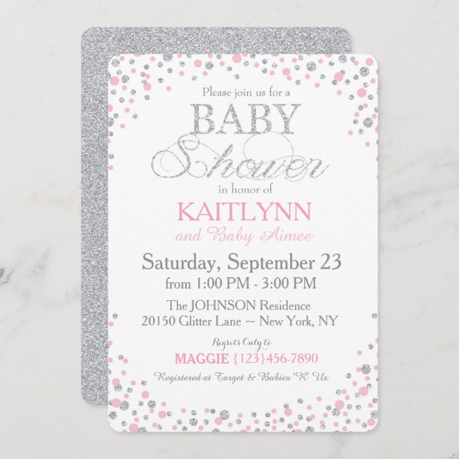Silver Glitter and Pink Sprinkle Baby Shower Invitation (Front/Back)
