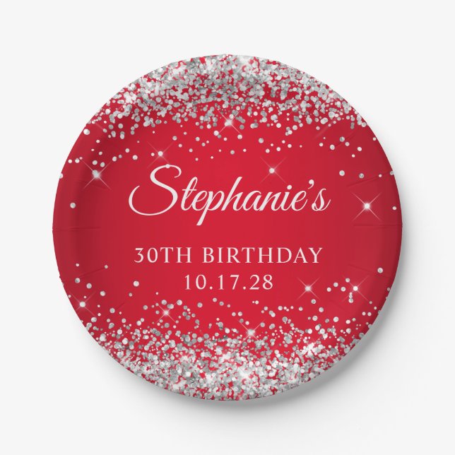 Silver Glitter and Red 30th Birthday Paper Plate (Front)