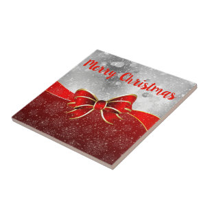 Silver Glitter And Red Christmas Sparkles Bow Cera Tile