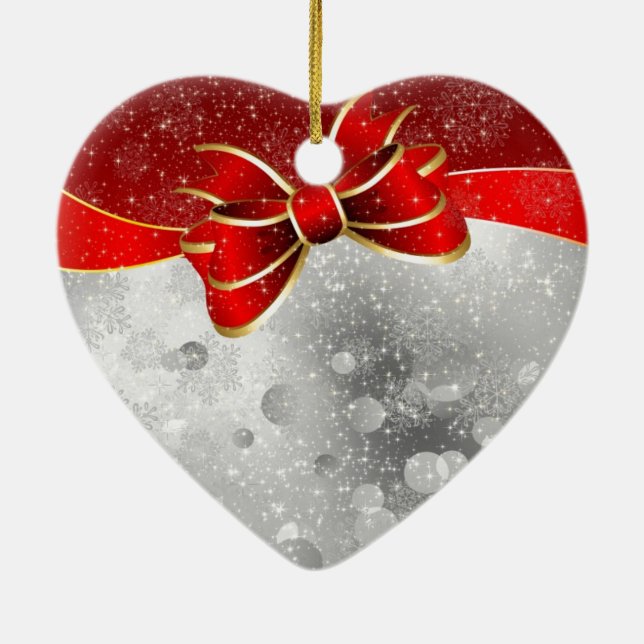 Silver Glitter And Red Christmas Sparkles Bow Ceramic Ornament (Back)