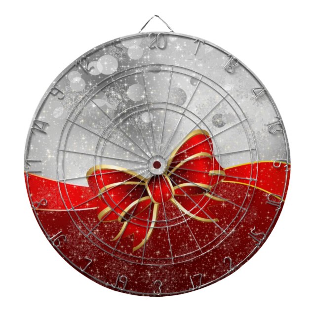 Silver Glitter And Red Christmas Sparkles Bow Dartboard (Front)