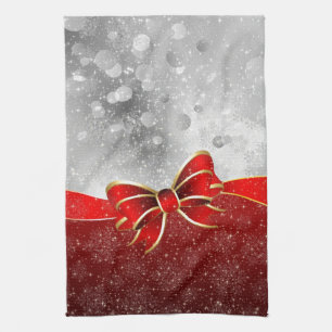 Silver Glitter And Red Christmas Sparkles Bow Kitchen Towel