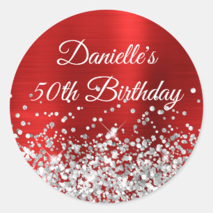 Silver Glitter and Red Foil 50th Birthday Classic Round Sticker