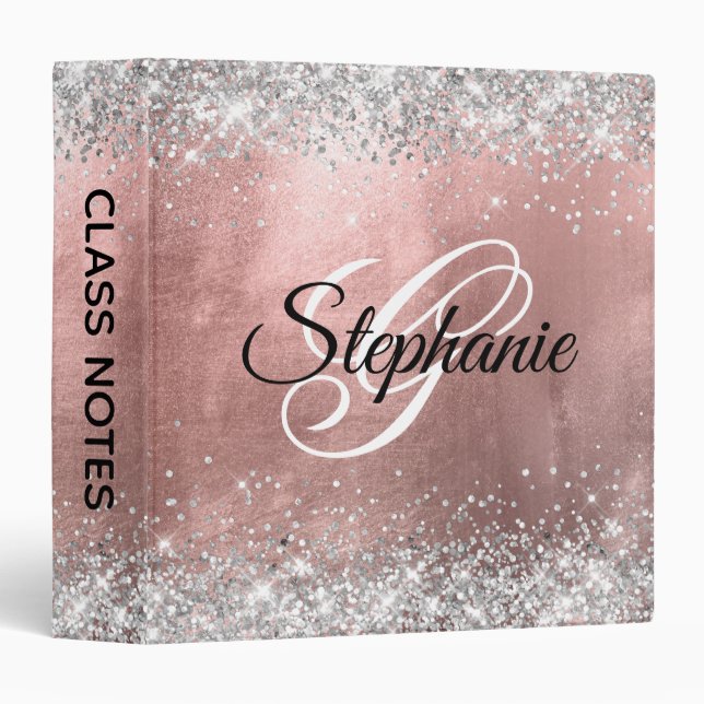 Silver Glitter and Rose Gold Foil Fancy Monogram Binder (Front/Spine)