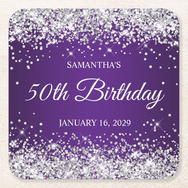 Silver Glitter and Royal Purple 50th Birthday Square Paper Coaster (Front)