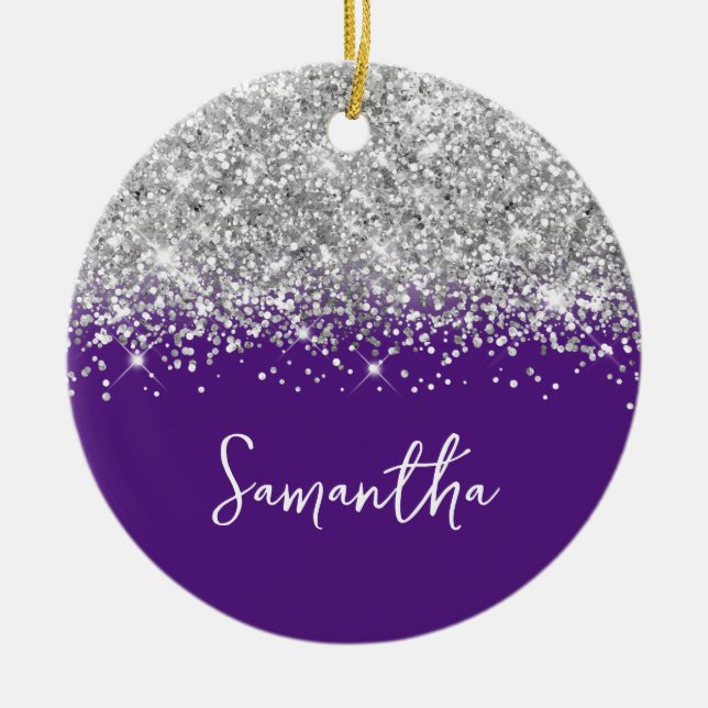 Silver Glitter and Royal Purple Glam Name Photo Ceramic Ornament (Front)
