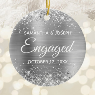 Silver Glitter and Shiny Foil Engaged Ceramic Ornament
