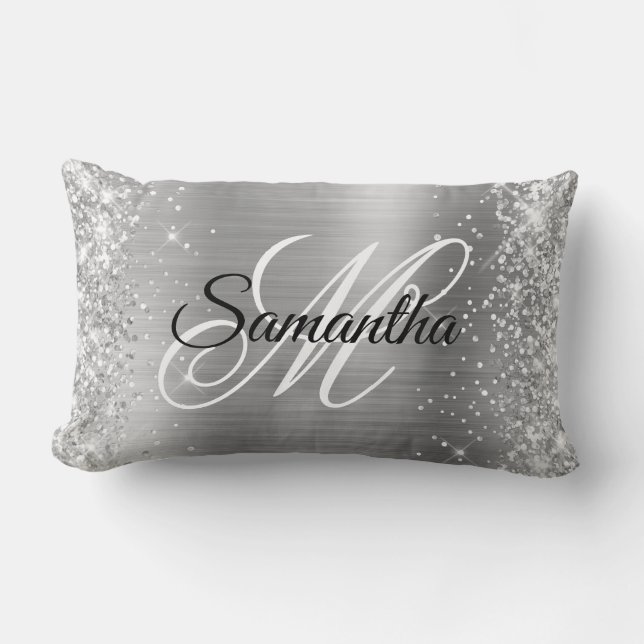 Silver Glitter and Shiny Satin Foil Fancy Monogram Lumbar Pillow (Front)