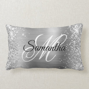Silver Glitter and Shiny Satin Foil Fancy Monogram Lumbar Pillow