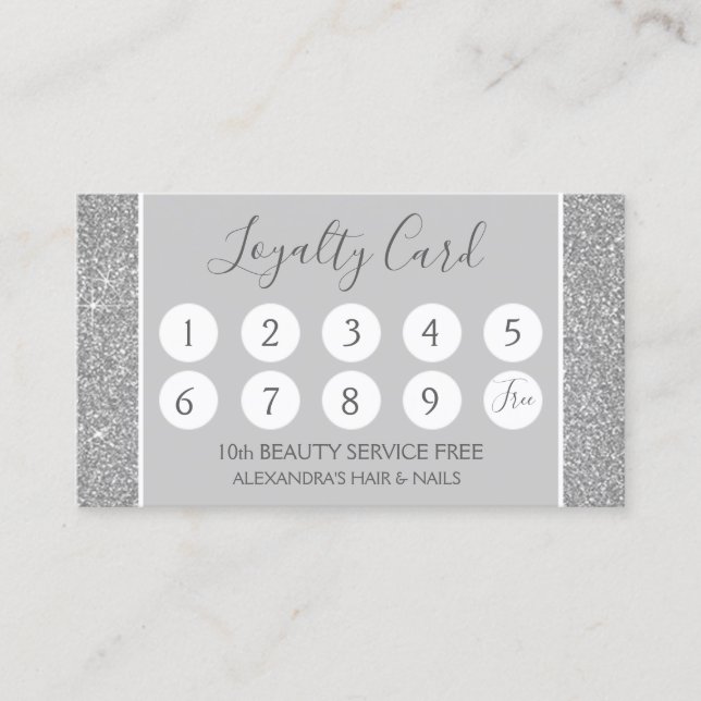 Silver Glitter and Sparkle Girly Loyalty Punch Card (Front)