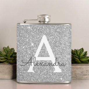 Silver Glitter and Sparkle Monogram Initial Hip Flask