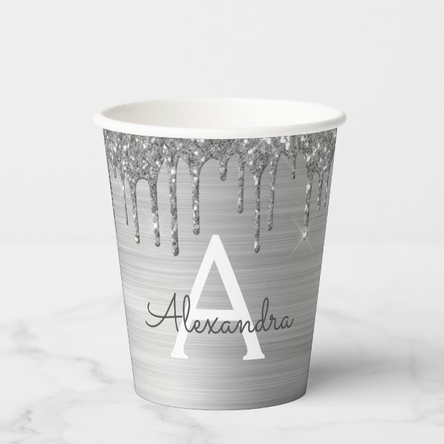 Silver Glitter and Sparkle Monogram Paper Cups (Front)