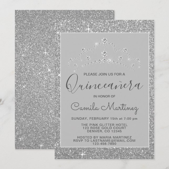 Silver Glitter and Sparkle Quinceanera Invitation (Front/Back)