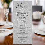 Silver Glitter and Sparkle Wedding Menu<br><div class="desc">Silver Glitter and Sparkle Wedding Menu. This girly modern Script Wedding Menu can be customized to include the names of the Bride and Groom,  the wedding date and the wedding dinner menu options.</div>