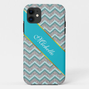 Silver Glitter and Teal ZigZag iPhone 11 Case