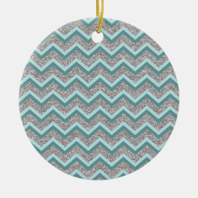 Silver Glitter and Teal ZigZag Ceramic Ornament (Front)