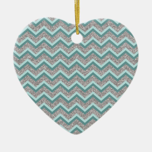 Silver Glitter and Teal ZigZag Ceramic Ornament (Front)