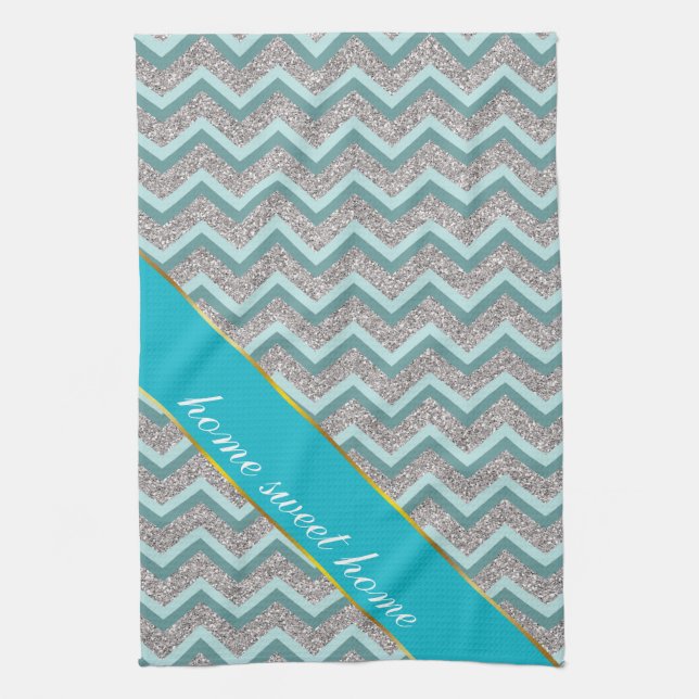 Silver Glitter and Teal ZigZag Kitchen Towel (Vertical)