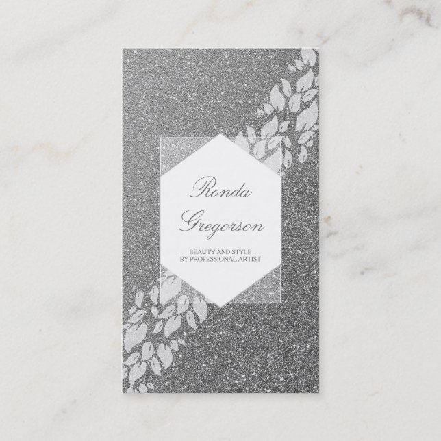 Silver Glitter and White Leaves Laurel Elegant Business Card (Front)