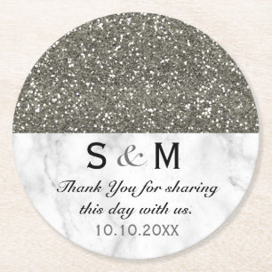 Silver Glitter And White Marble Wedding  Monogram Round Paper Coaster