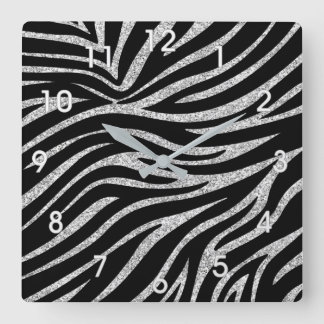 SILVER GLITTER AND ZEBRA STRIPES WALL CLOCK