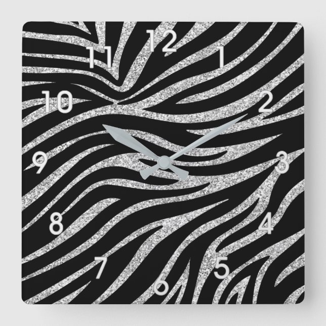 SILVER GLITTER AND ZEBRA STRIPES WALL CLOCK (Front)