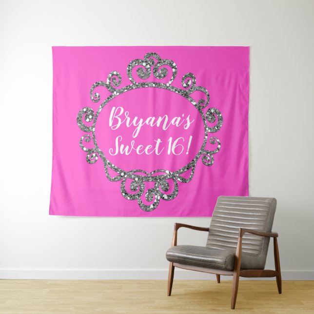 Silver Glitter ANY COLOR Birthday Party Backdrop Tapestry (In Situ (Horizontal))
