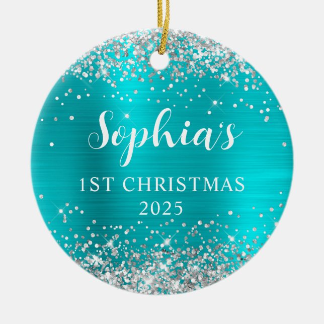 Silver Glitter Aqua Blue Foil 1st Christmas Photo Ceramic Ornament (Front)