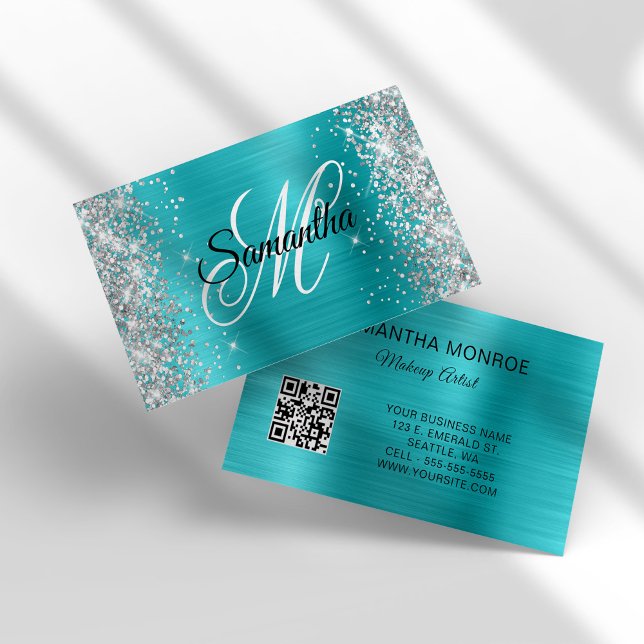 Silver Glitter Aqua Blue Foil Monogram QR Code Business Card (Silver Glitter Aqua Blue Foil Monogram QR Code Business Card)