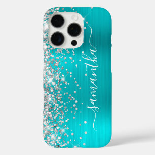 Silver Glitter Aqua Blue Metallic Girly Signature iPhone 16 Pro Case